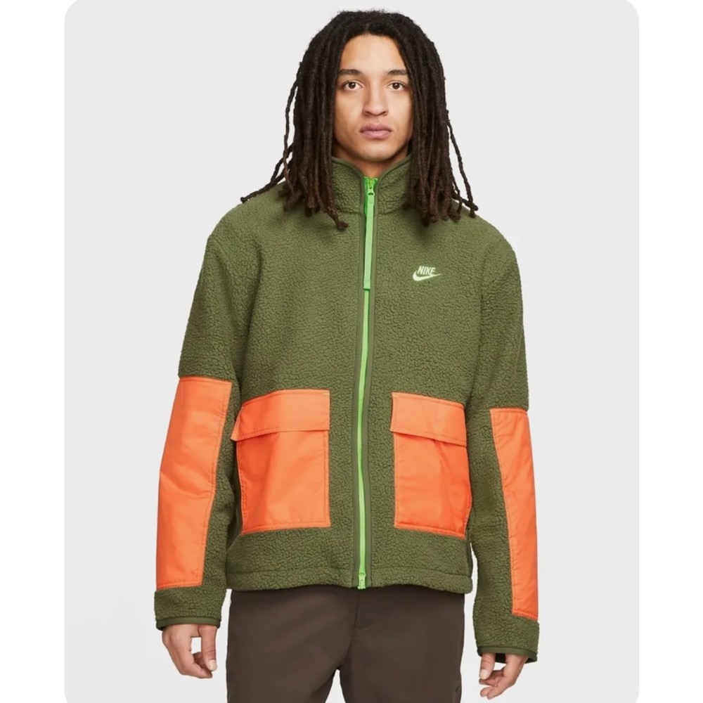 Nike Mens Size S DD5021-326  Sherpa Fleece Full Zip Jacket Green Orange NWT